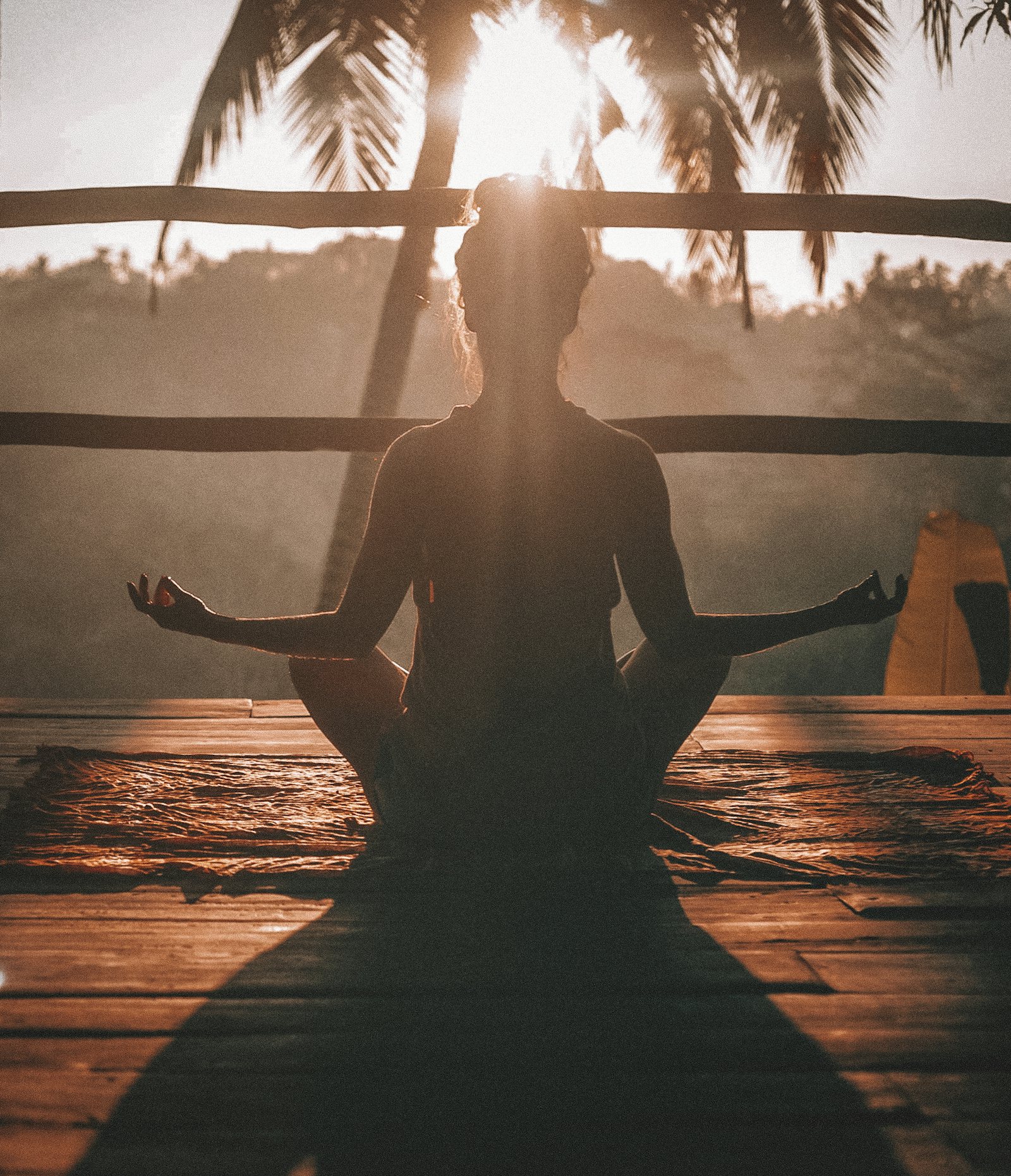 Persona meditando al amanecer entre palmeras